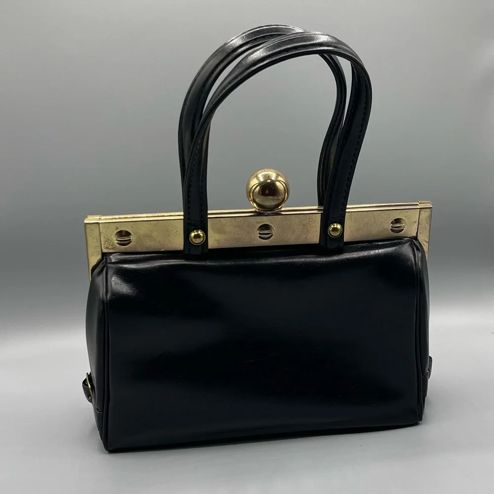 Vintage 1960s Faux Leather Handbag, Black, Ball Clasp, Framed, Art Deco
